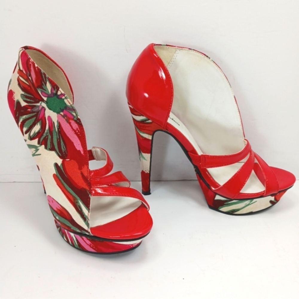 MICHAEL ANTONIO Sandal Bootie Stiletto Tropical Fabric Red Patent Storag…